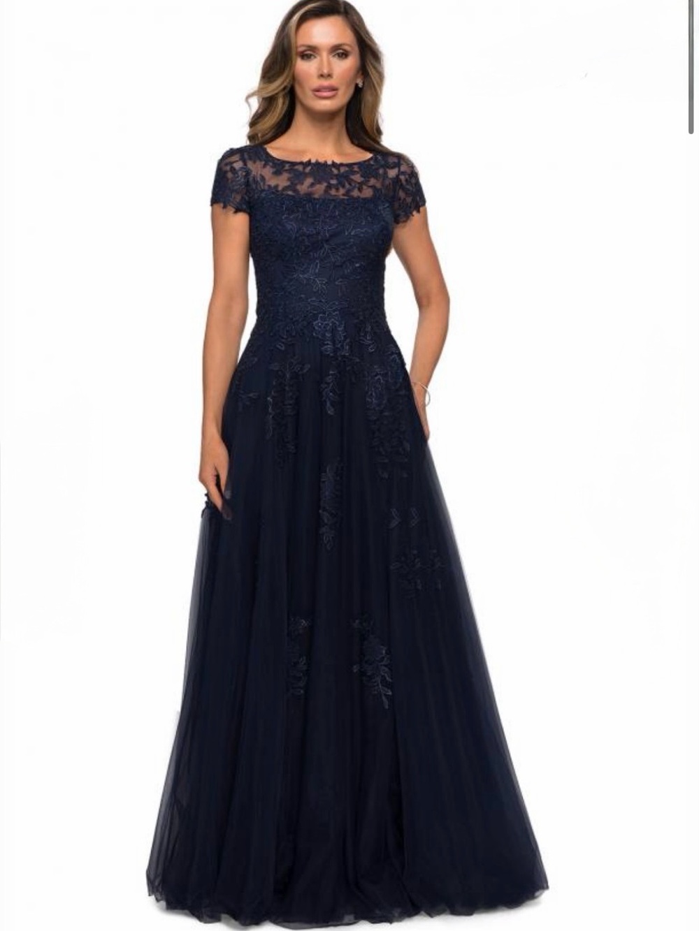 La Femme Navy Lace Cap-Sleeve Maxi Gown